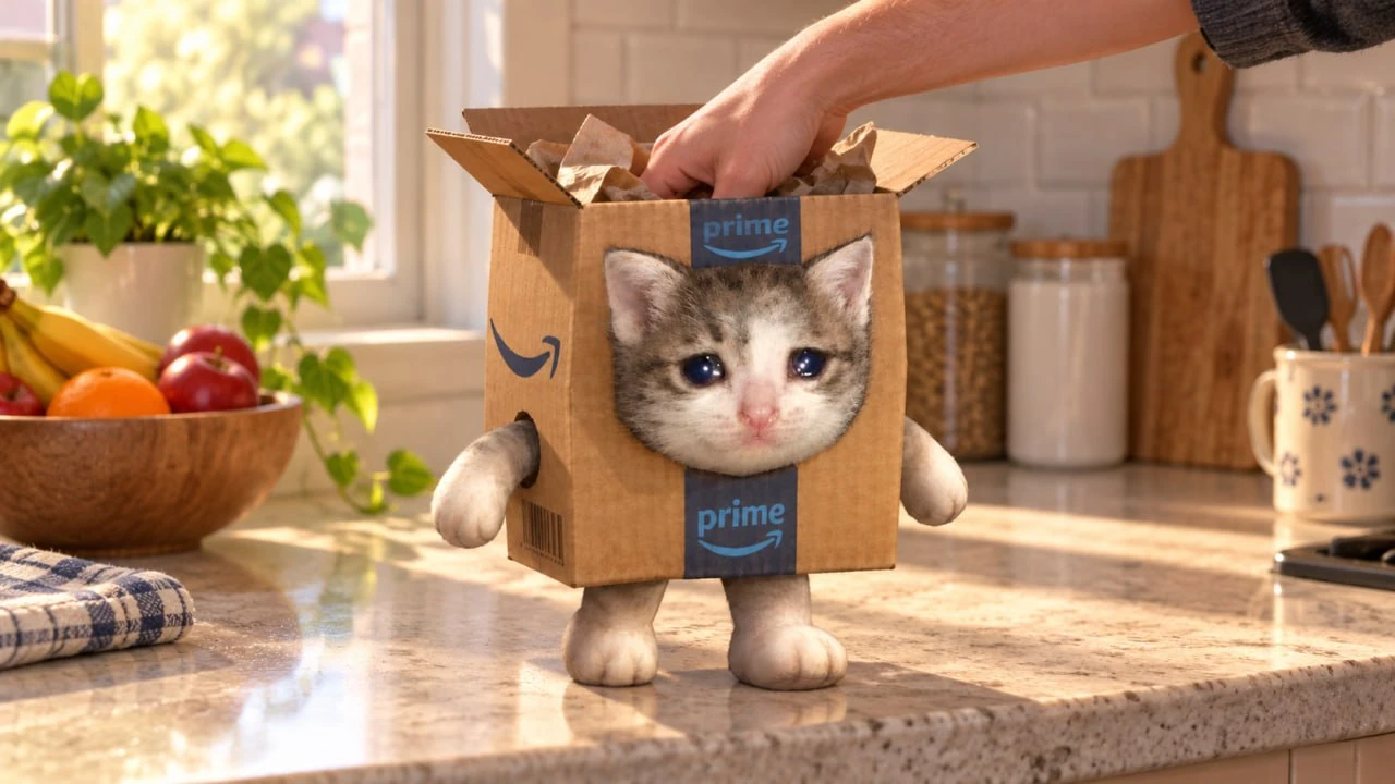 The cat in its box on a sunny kitchen counter