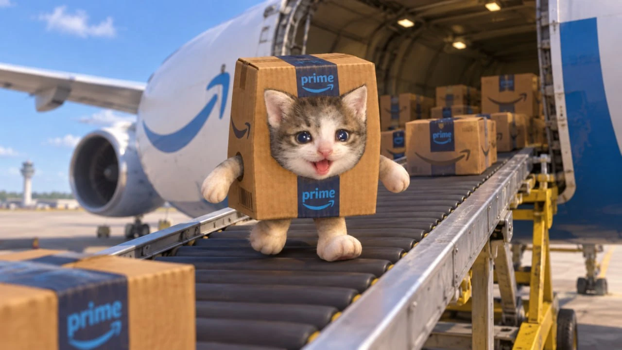 The cat on a conveyor boarding a cargo plane