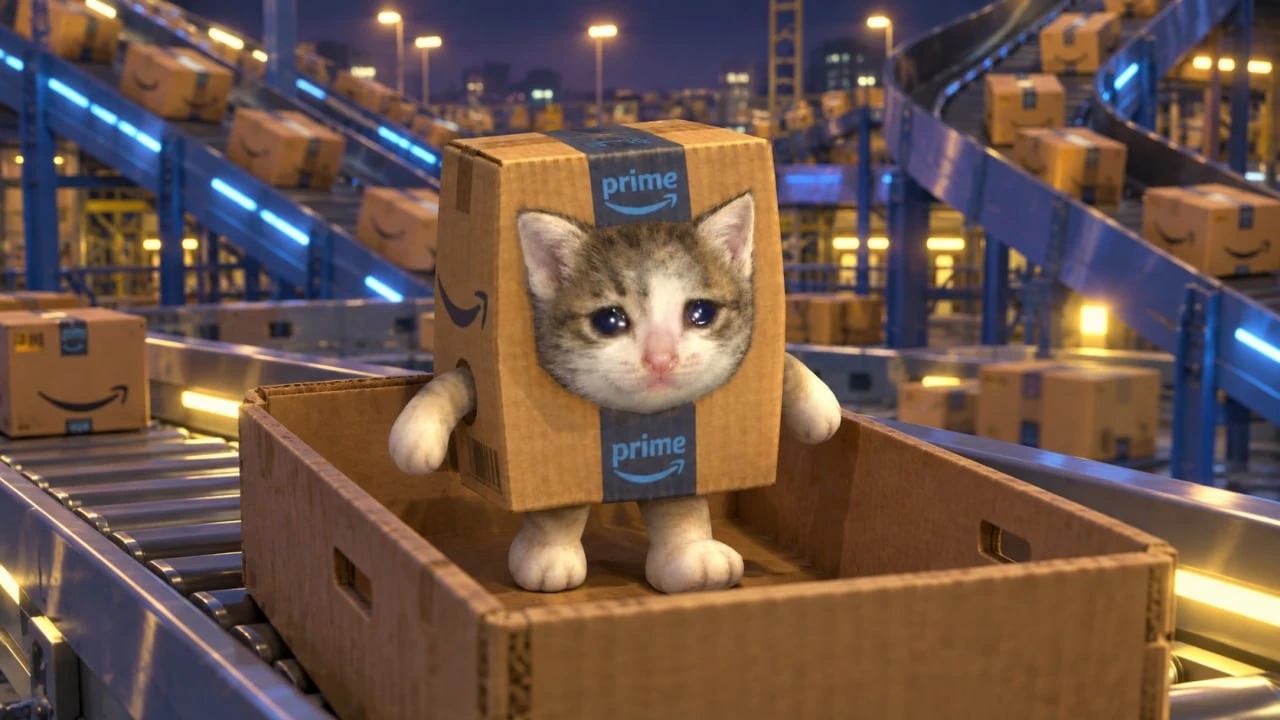 The cat riding through a parcel warehouse at night